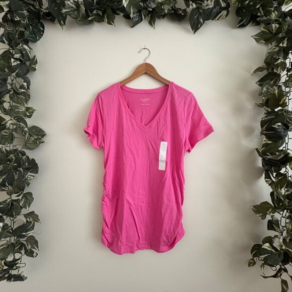 Ingrid + Isabel Maternity V-Neck Ruched Short Sleeve Shirt Pink NEW Size L - Picture 1 of 7